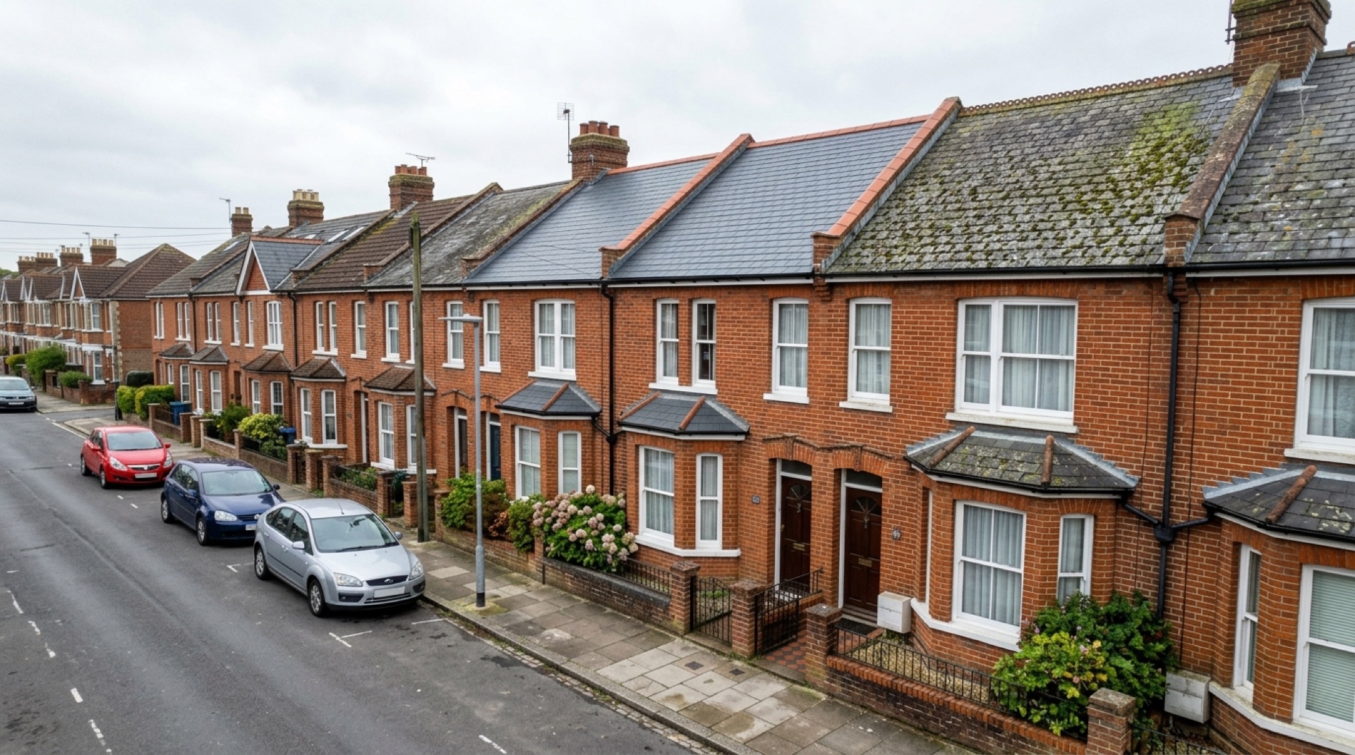 Victorian terraced houses in Southampton, one roof freshly cleaned beside a mossy neighbouring roof